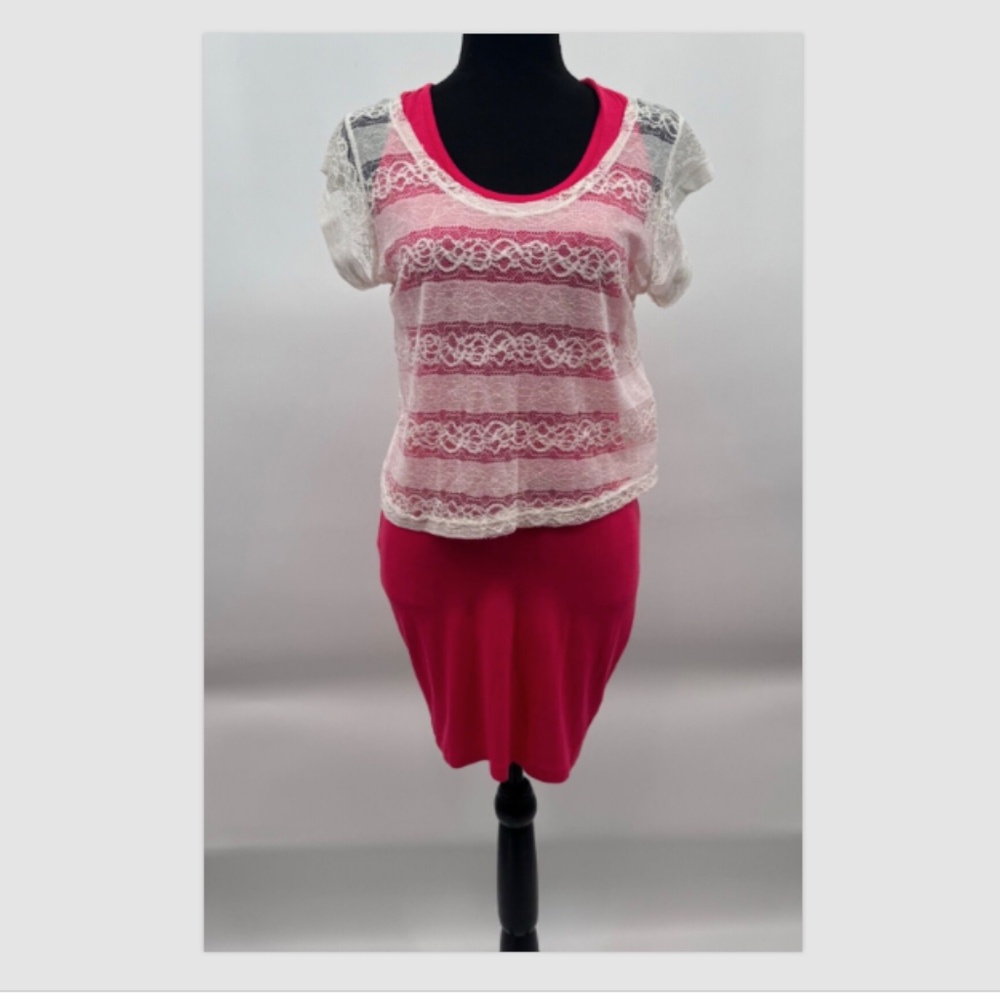 Bebe Dress Women Small Pink Lace Bodycon 80s 90s Stretch Mini Sheer Mesh Party